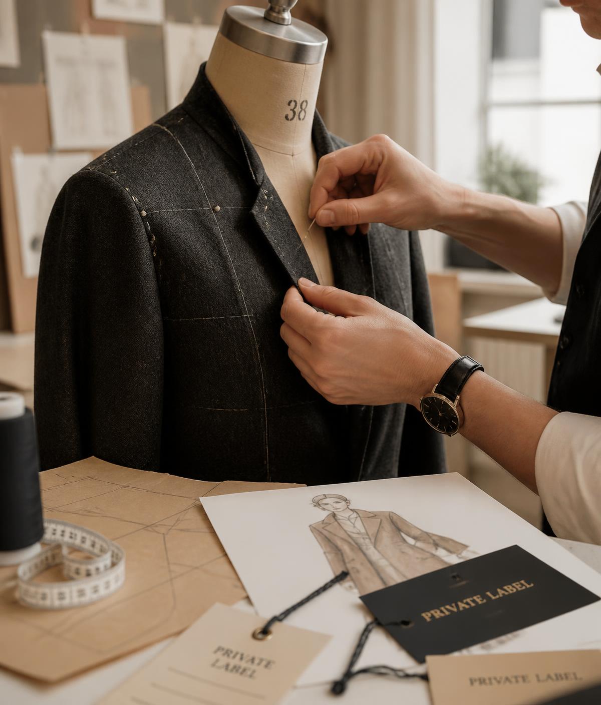 Tailor pinning a jacket on a dress form with sketches and private label tags