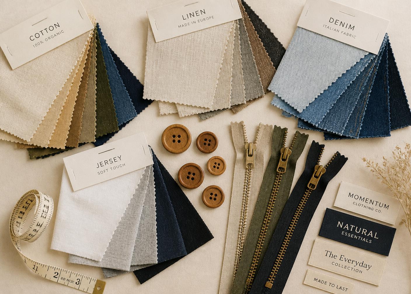 Fabric swatches, buttons, zippers and woven labels laid out flat